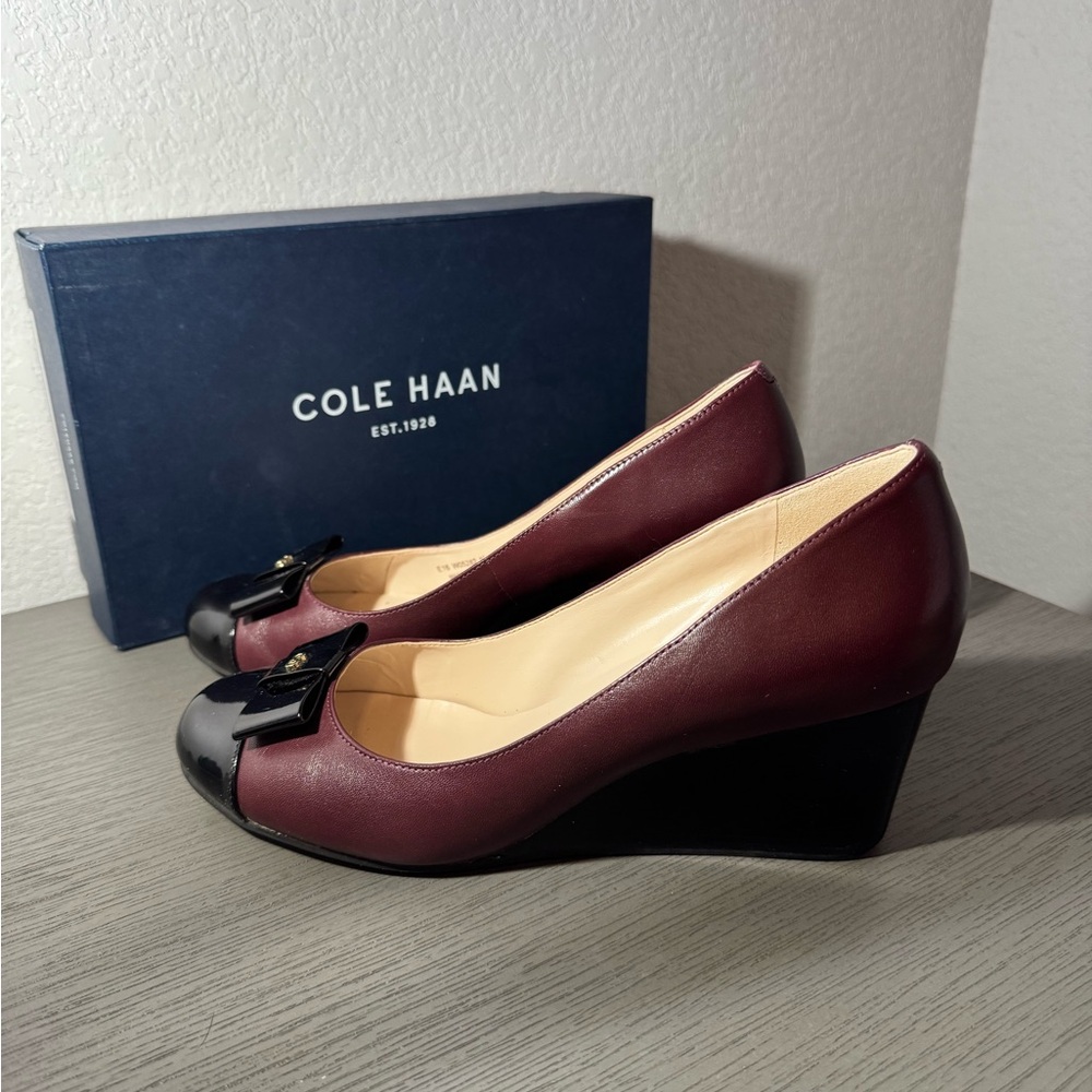 Cole Haan Women's Burgundy and Black Cap-toe Wedges